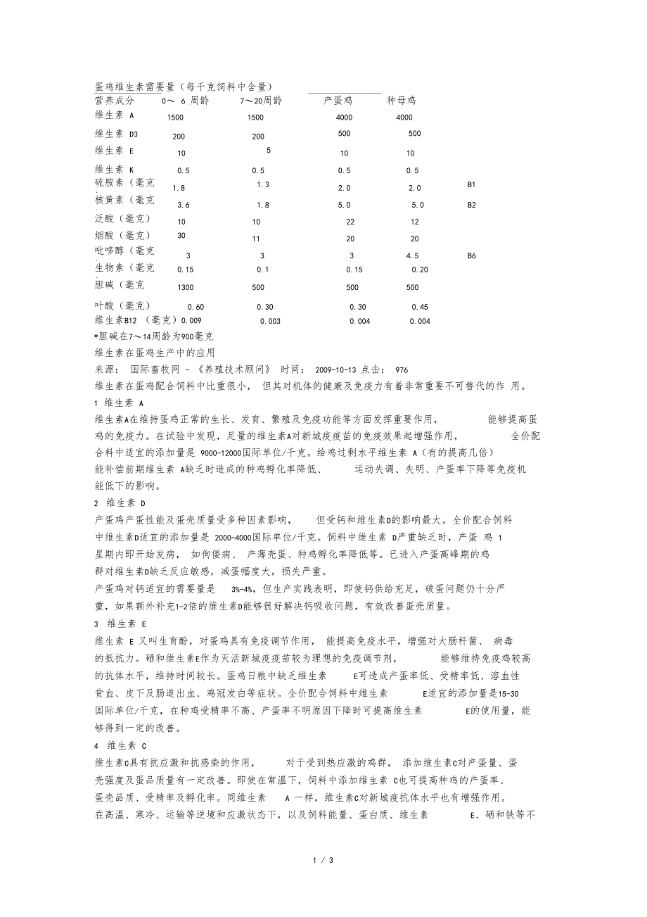 蛋鸡维生素需要量_第1页