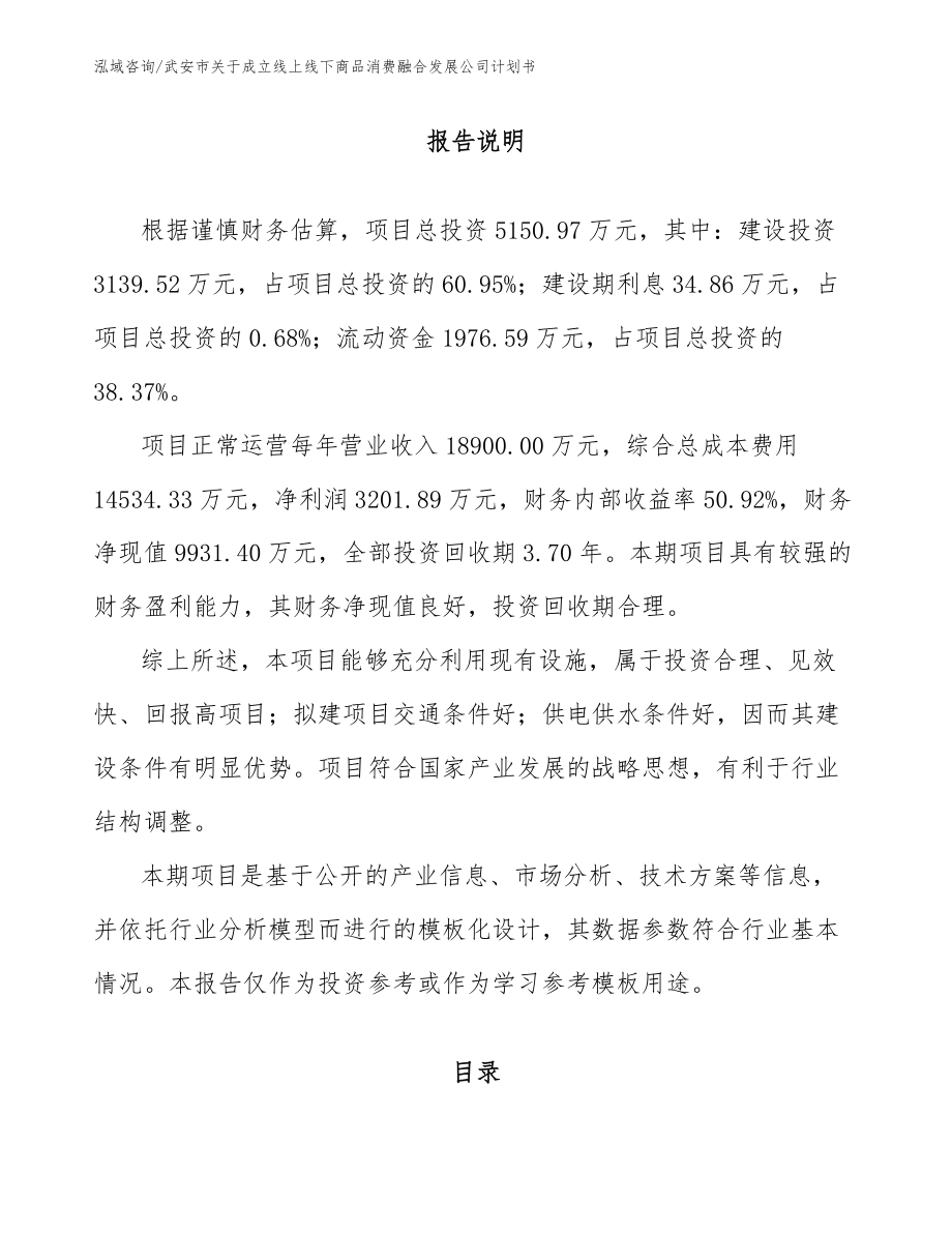 武安市关于成立线上线下商品消费融合发展公司计划书模板范本_第1页