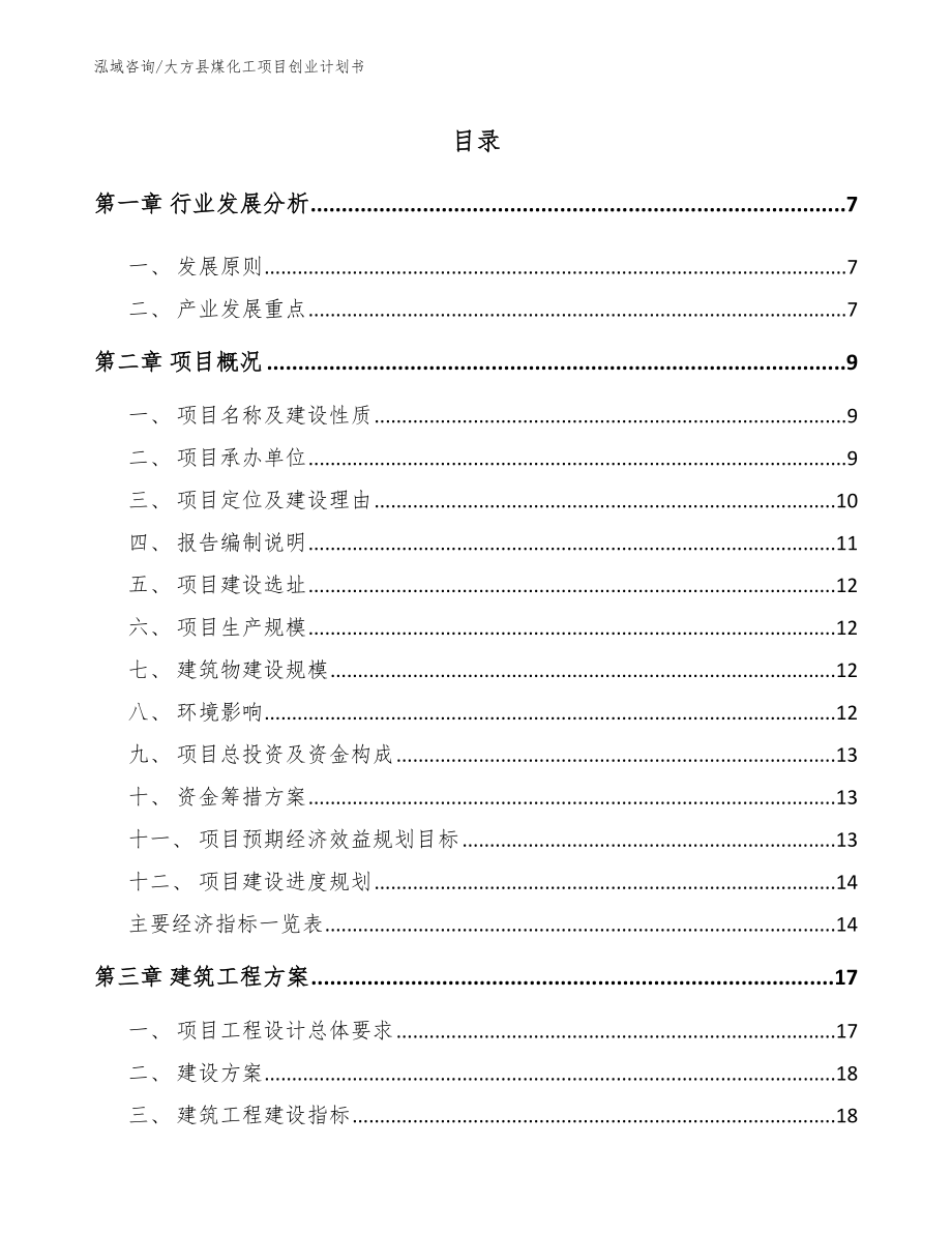 大方县煤化工项目创业计划书参考模板_第1页