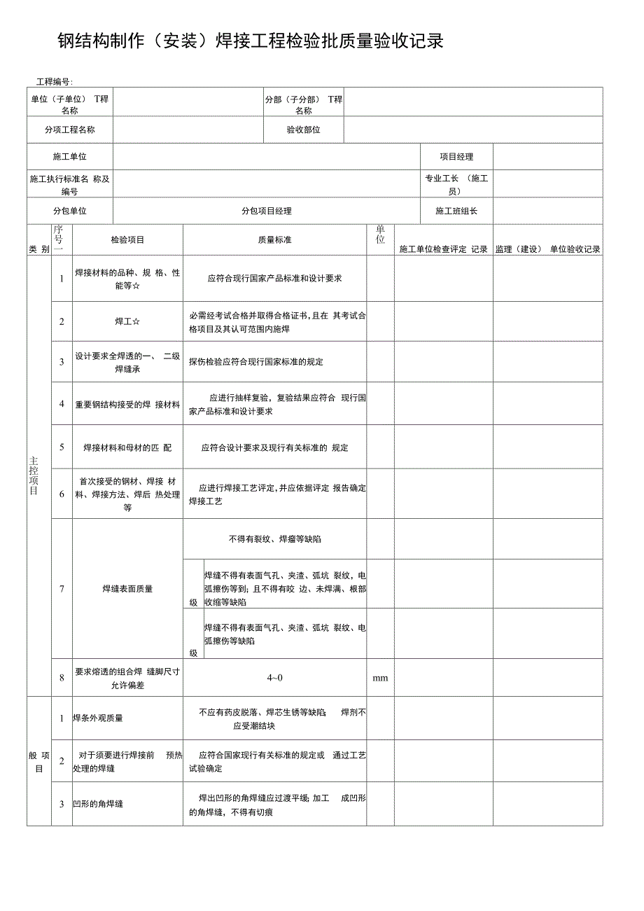 钢结构制作安装焊接分工程检验批质量验收记录表格_第1页