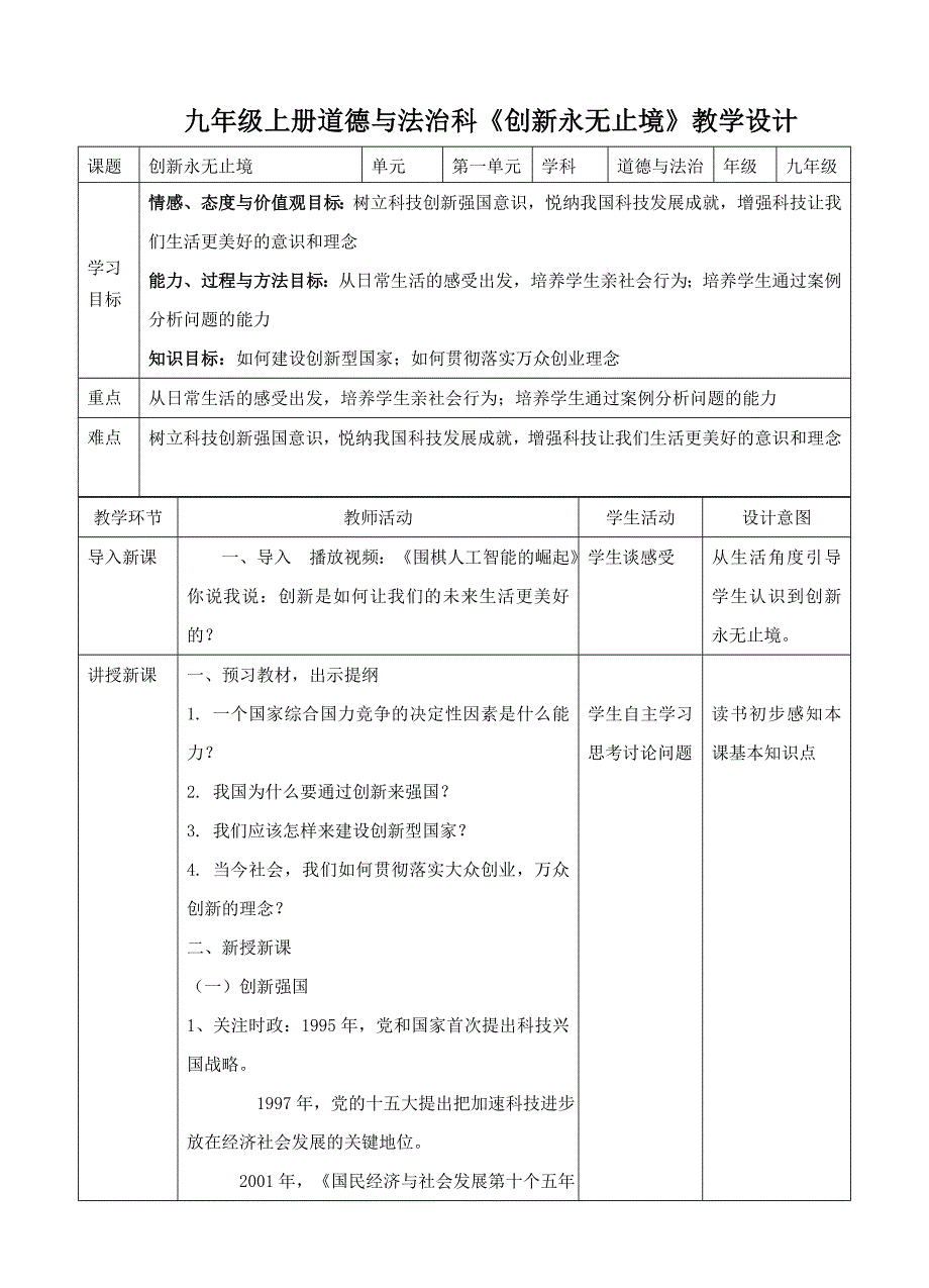九年级上册道德与法治科《创新永无止境》教学设计[10]_第1页