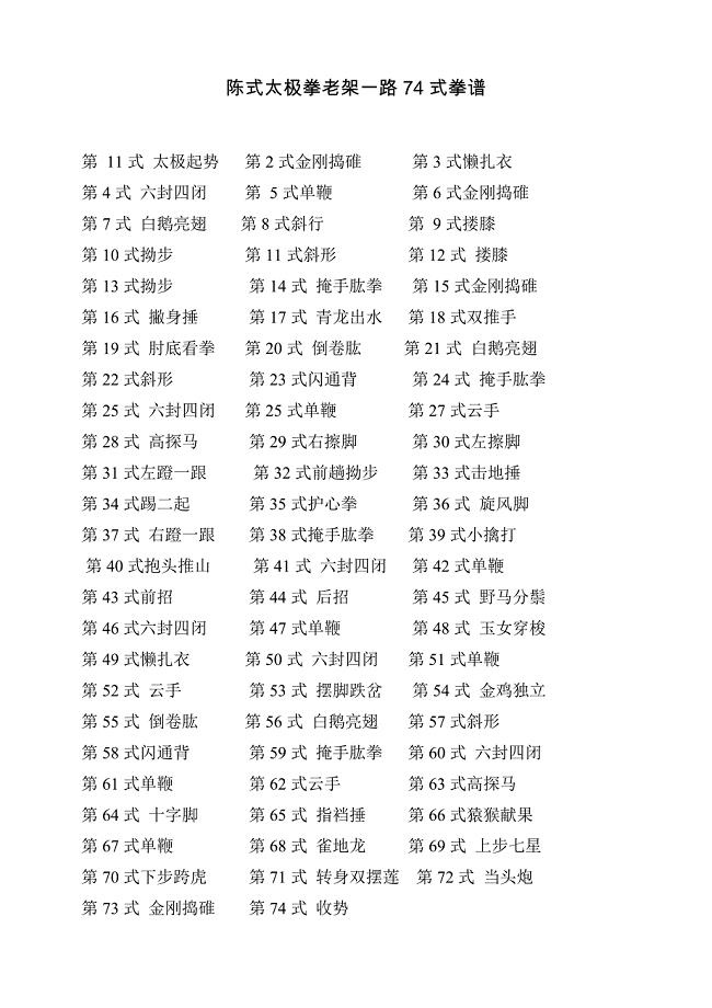 陈式太极拳老架一路74式拳谱;