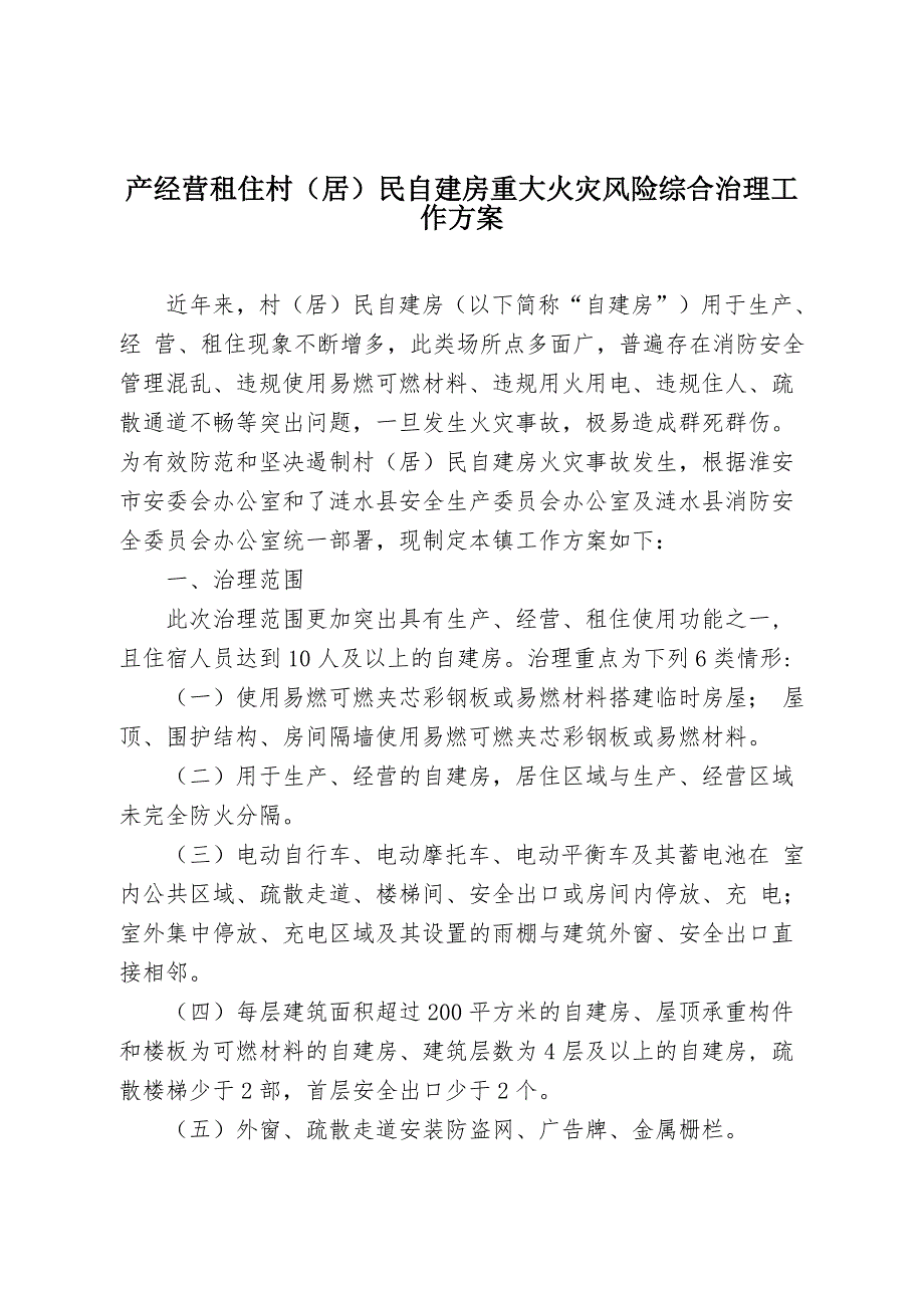 产经营租住村（居）民自建房重大火灾风险综合治理工作方案.docx_第1页