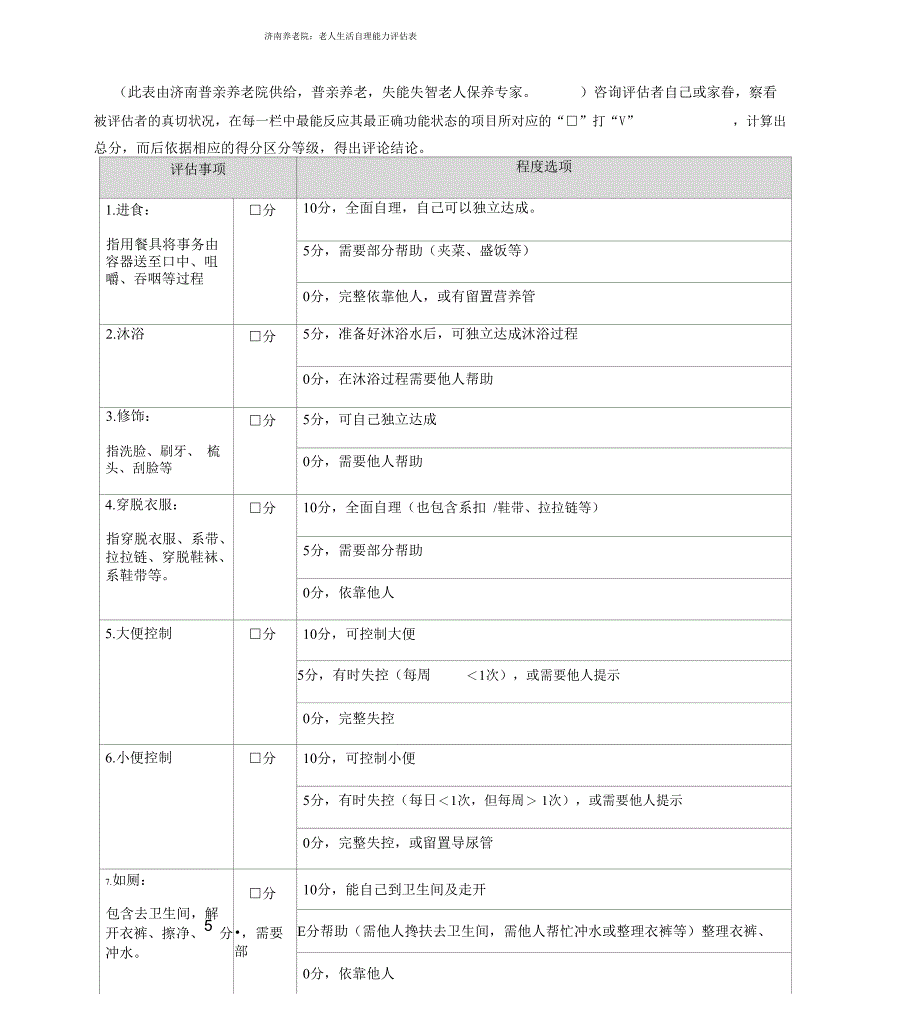 济南养老院老人生活自理能力评估表_第1页