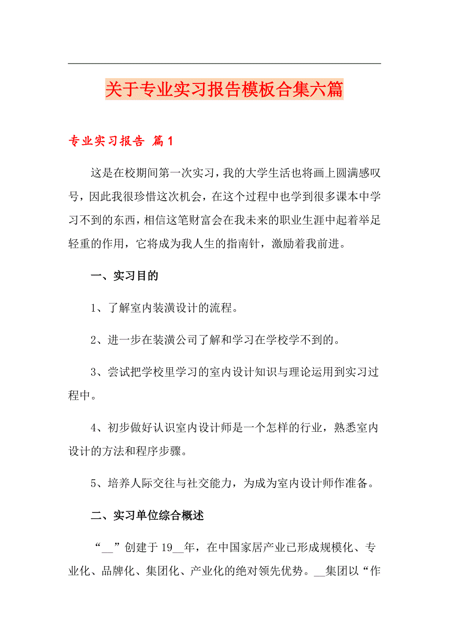 关于专业实习报告模板合集六篇（汇编）_第1页