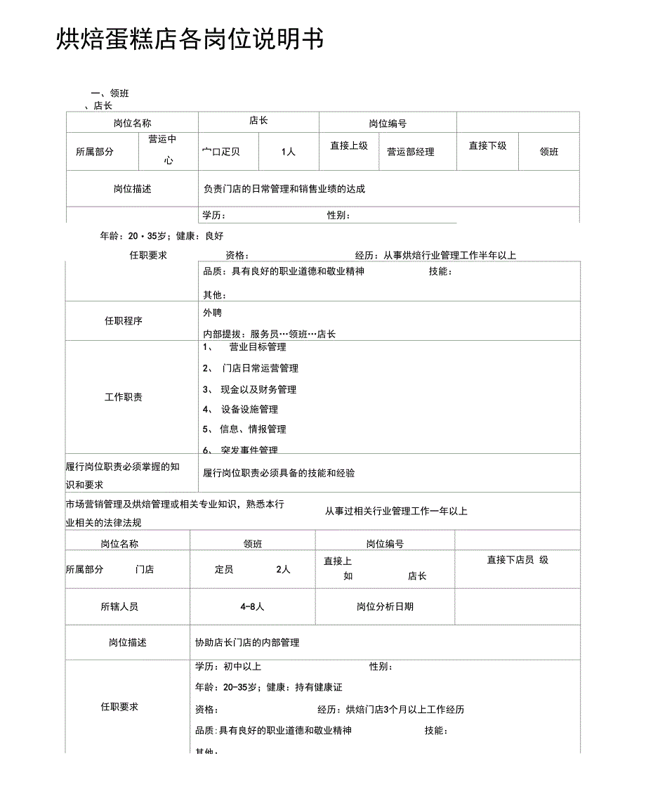 烘焙蛋糕店各岗位说明书_第1页