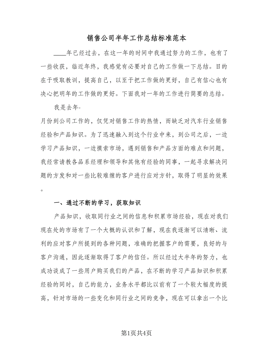 销售公司半年工作总结标准范本（二篇）.doc_第1页