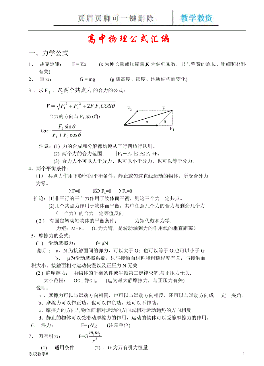 高中物理公式大全(新版)-高一所有物理公式整理[完整教资]_第1页