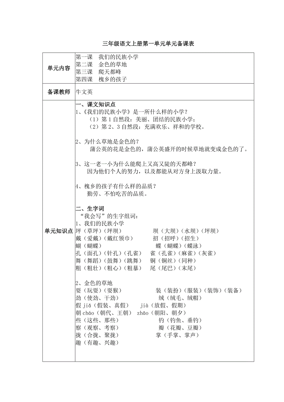 三年级语文上册第一单元单元备课表_第1页