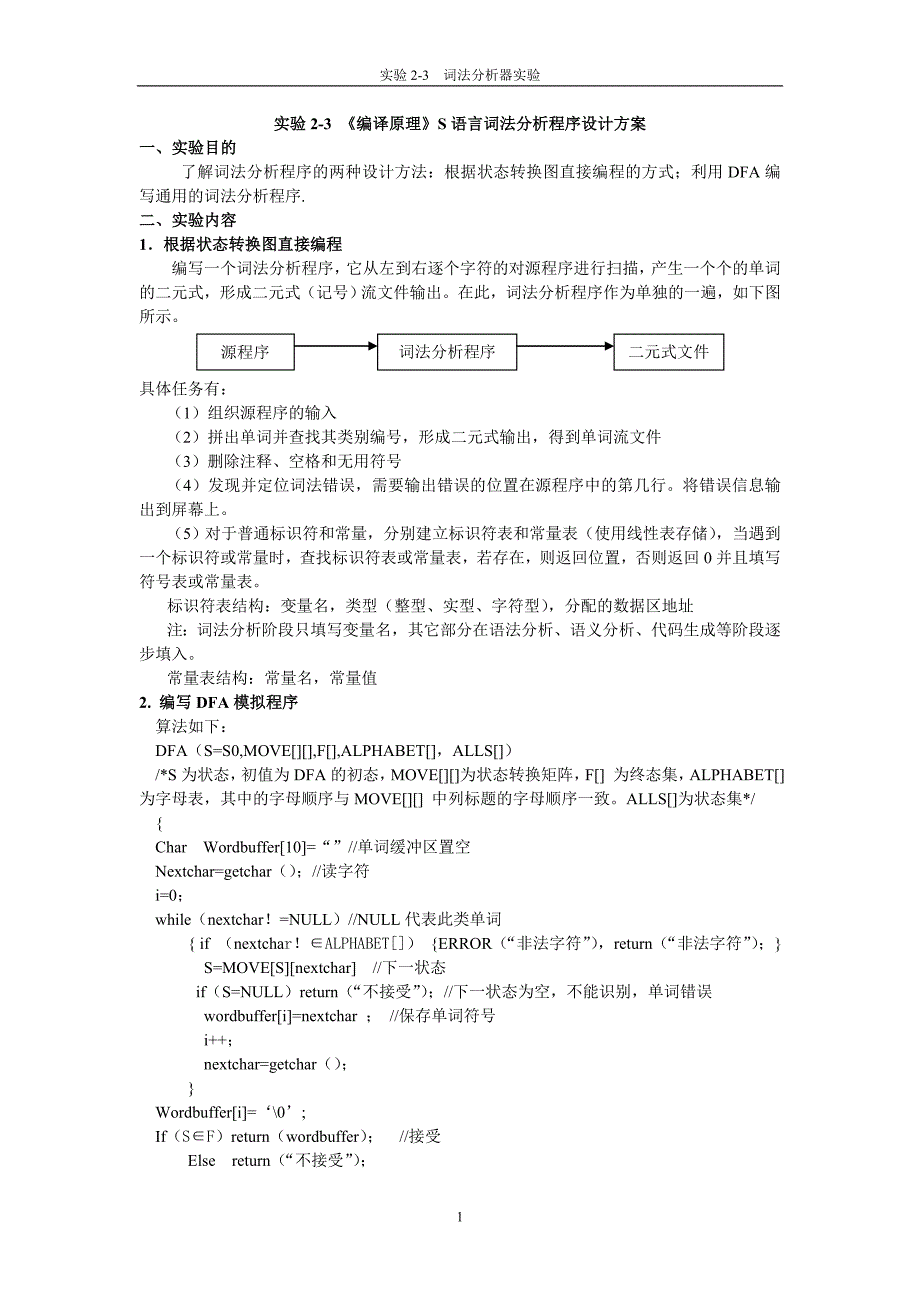 实验1-2 《编译原理》词法分析程序设计方案.doc_第1页