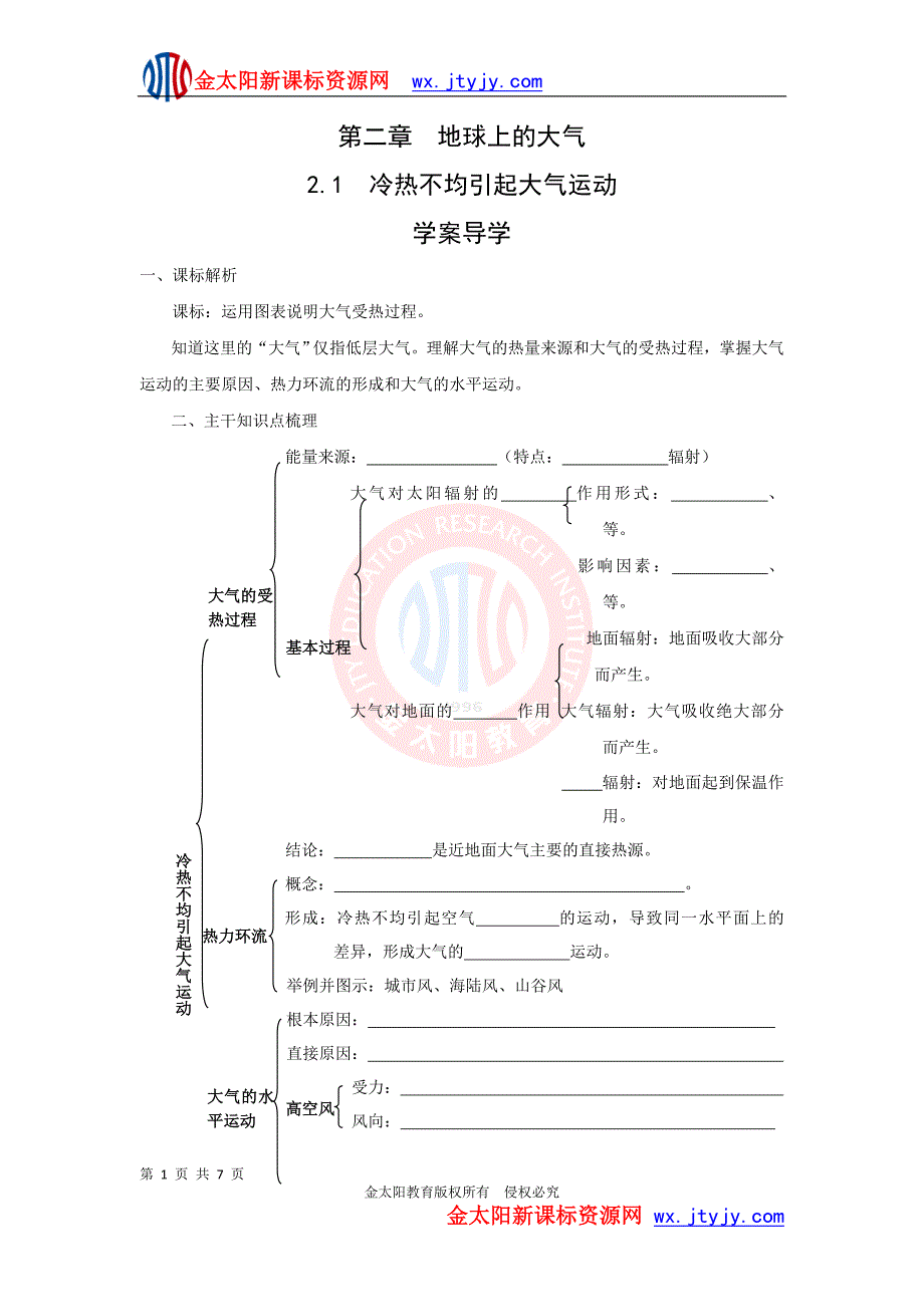 地理：2[1].1《冷热不均引起大气运动》学案新人教版必修1.doc_第1页