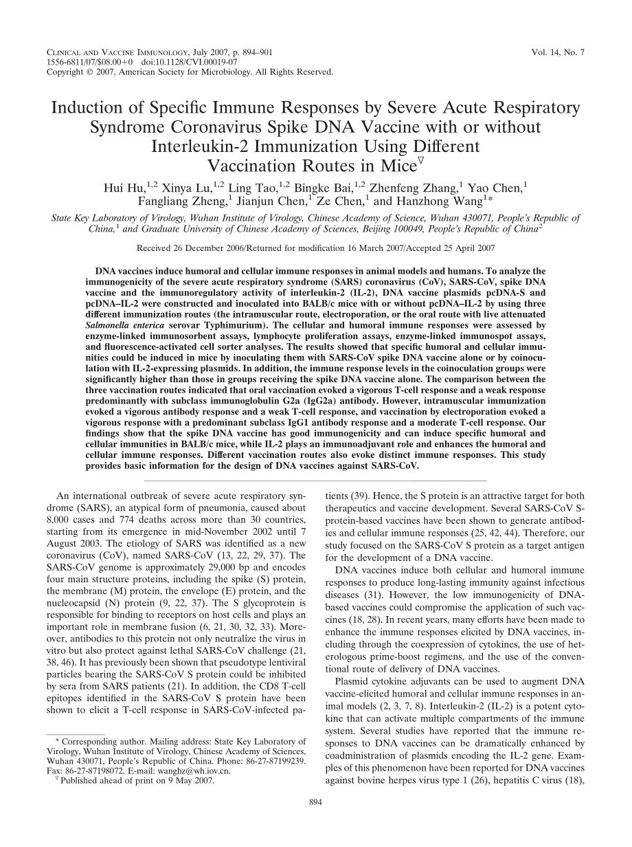 【病毒外文文献】2007 Induction of Specific Immune Responses by Severe Acute Respiratory Syndrome Coronavirus Spike DNA Vaccine with or w_第1页