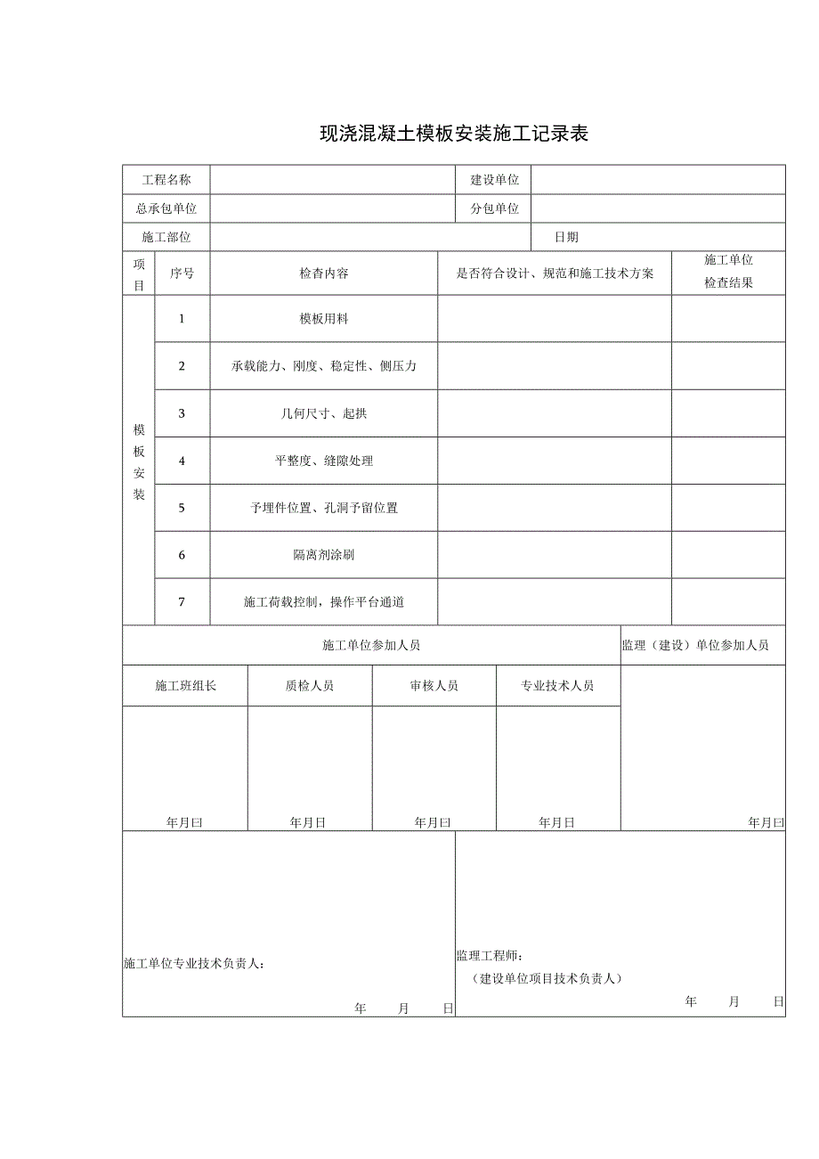 现浇混凝土模板安装施工记录表_第1页