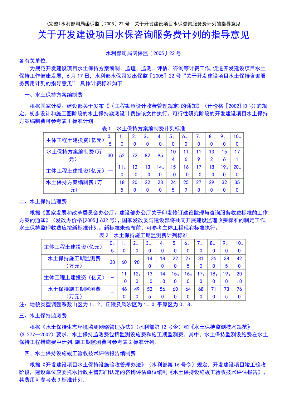 (最新整理)水利部司局函保监〔2005〕22号关于开发建设项目水保咨询服务费计列的指导意见_第2页