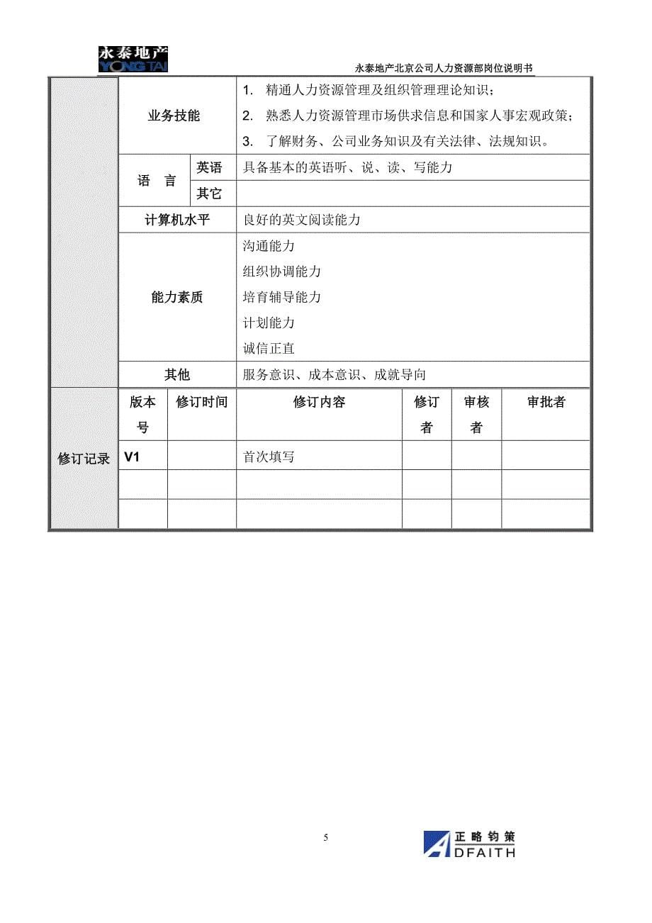 北京公司人力资源部岗位说明书_第5页