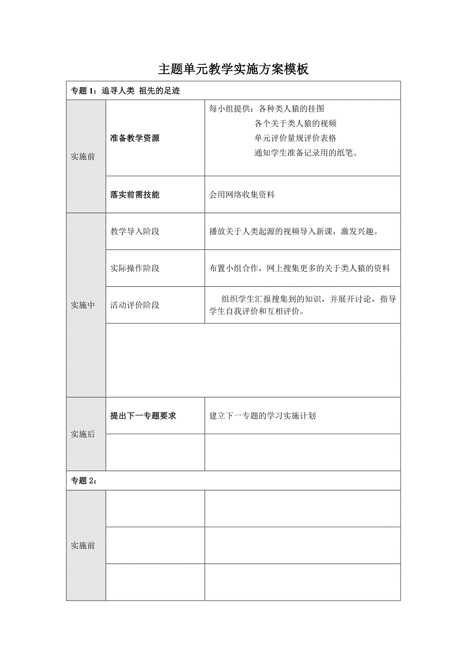 郑振亚主题单元教学实施方案模板_第1页