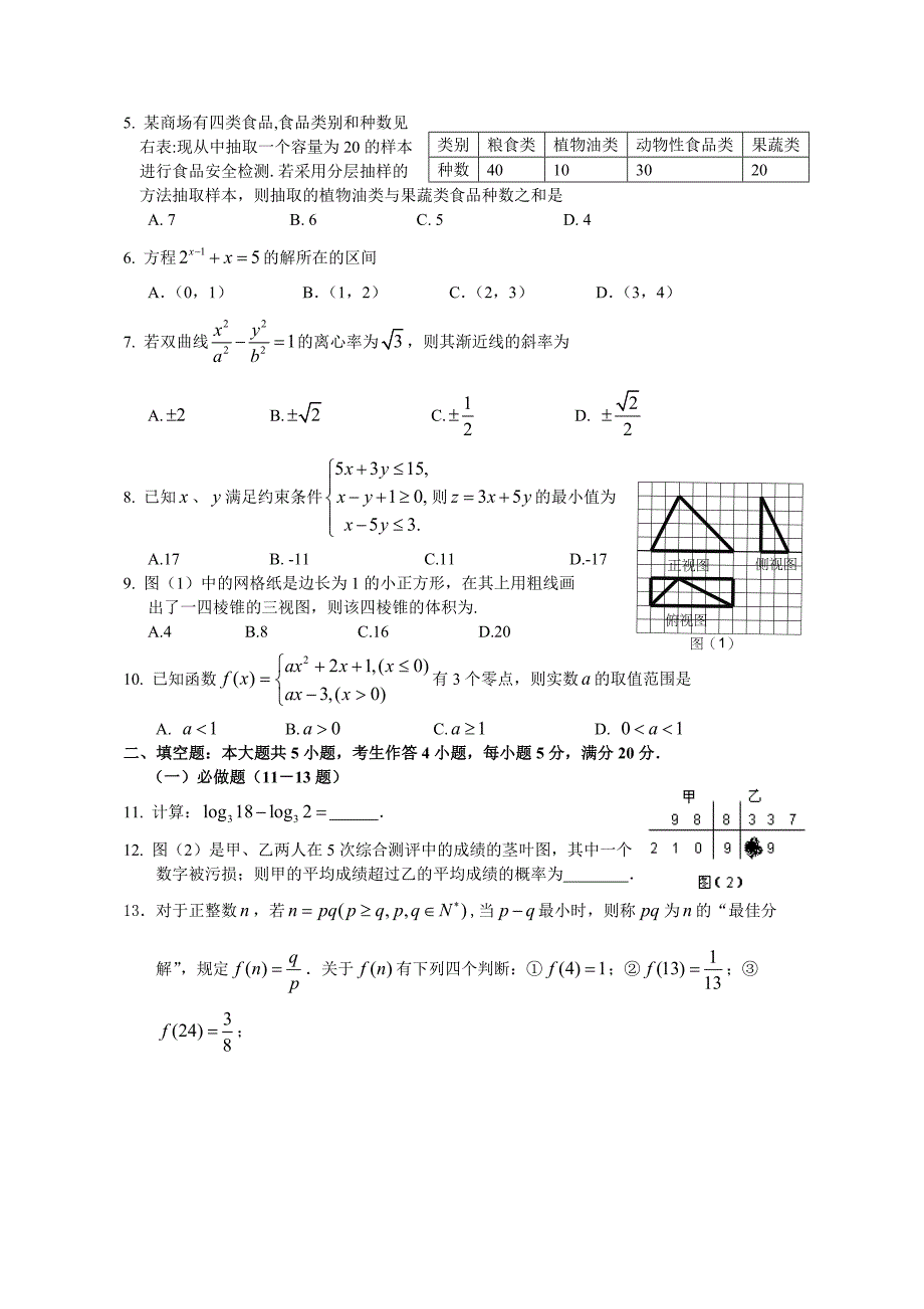 广东省揭阳市高中三年级学业水平考试文科数学试题_第2页