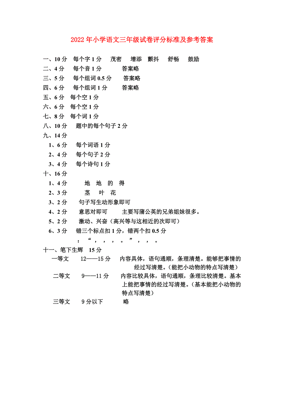 2022年小学语文三年级试卷评分标准及参考答案_第1页