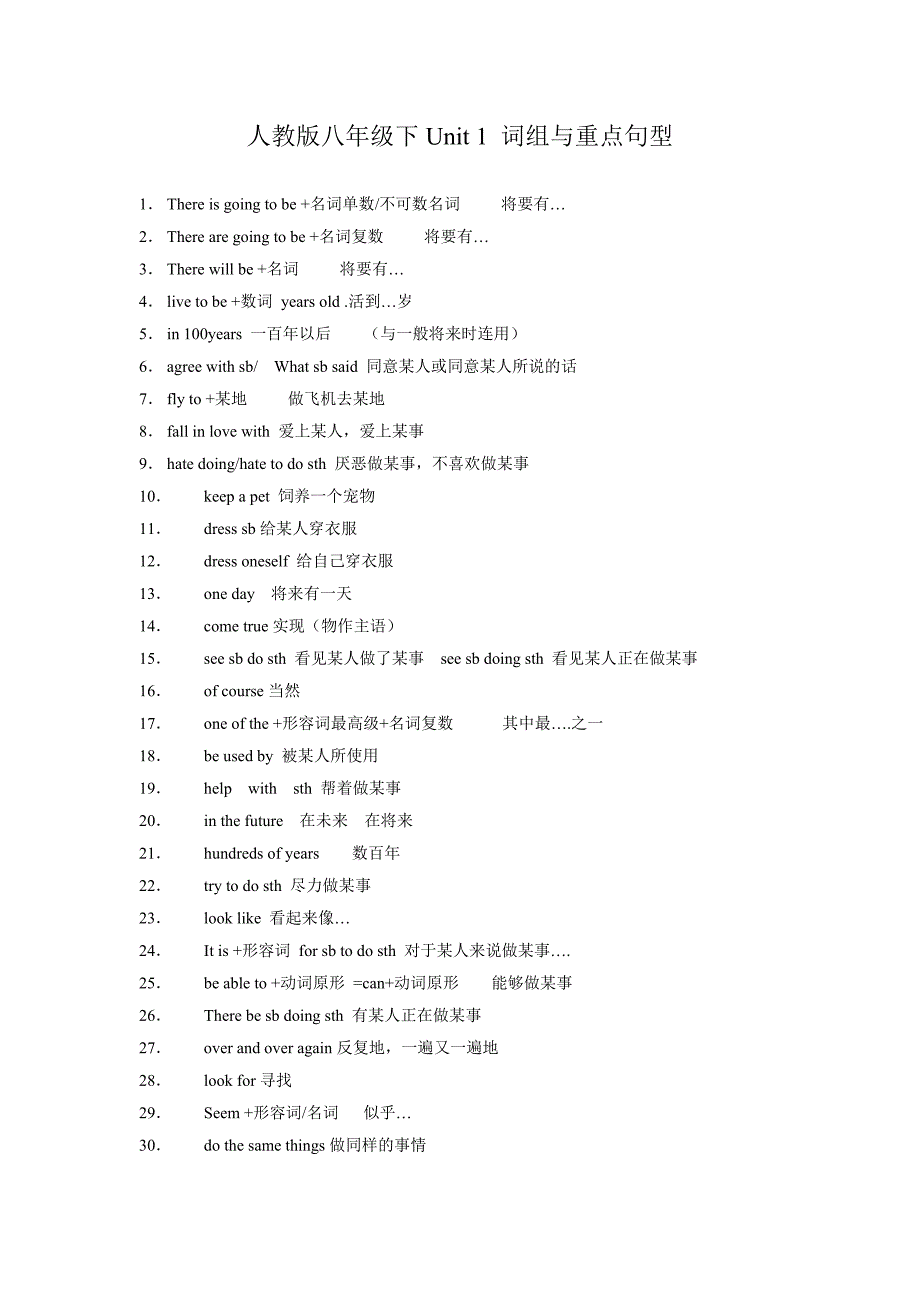 人教版八年级下英语Unit1至unit8词组与重点句型_第1页