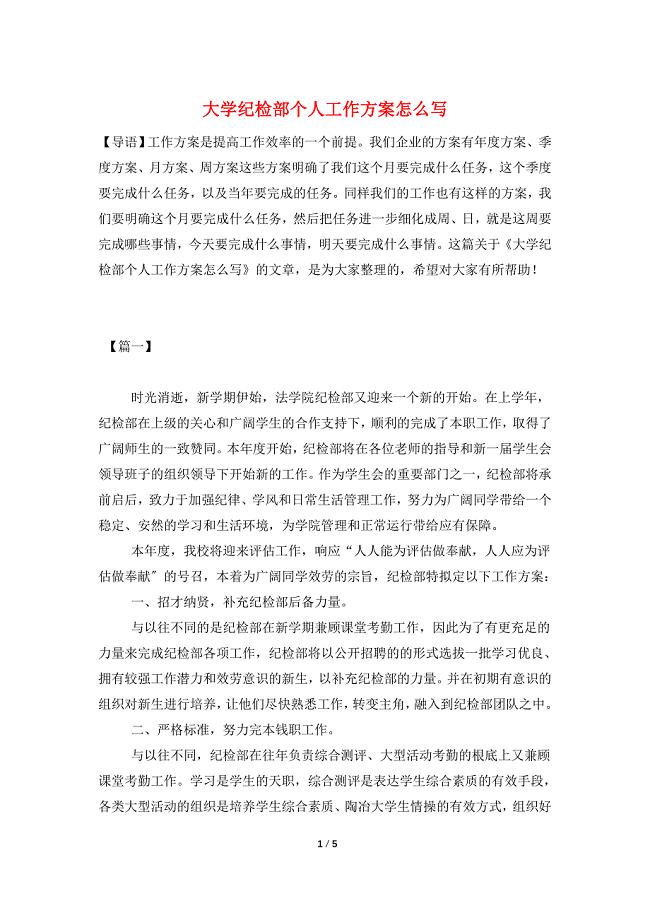 大学纪检部个人工作计划怎么写