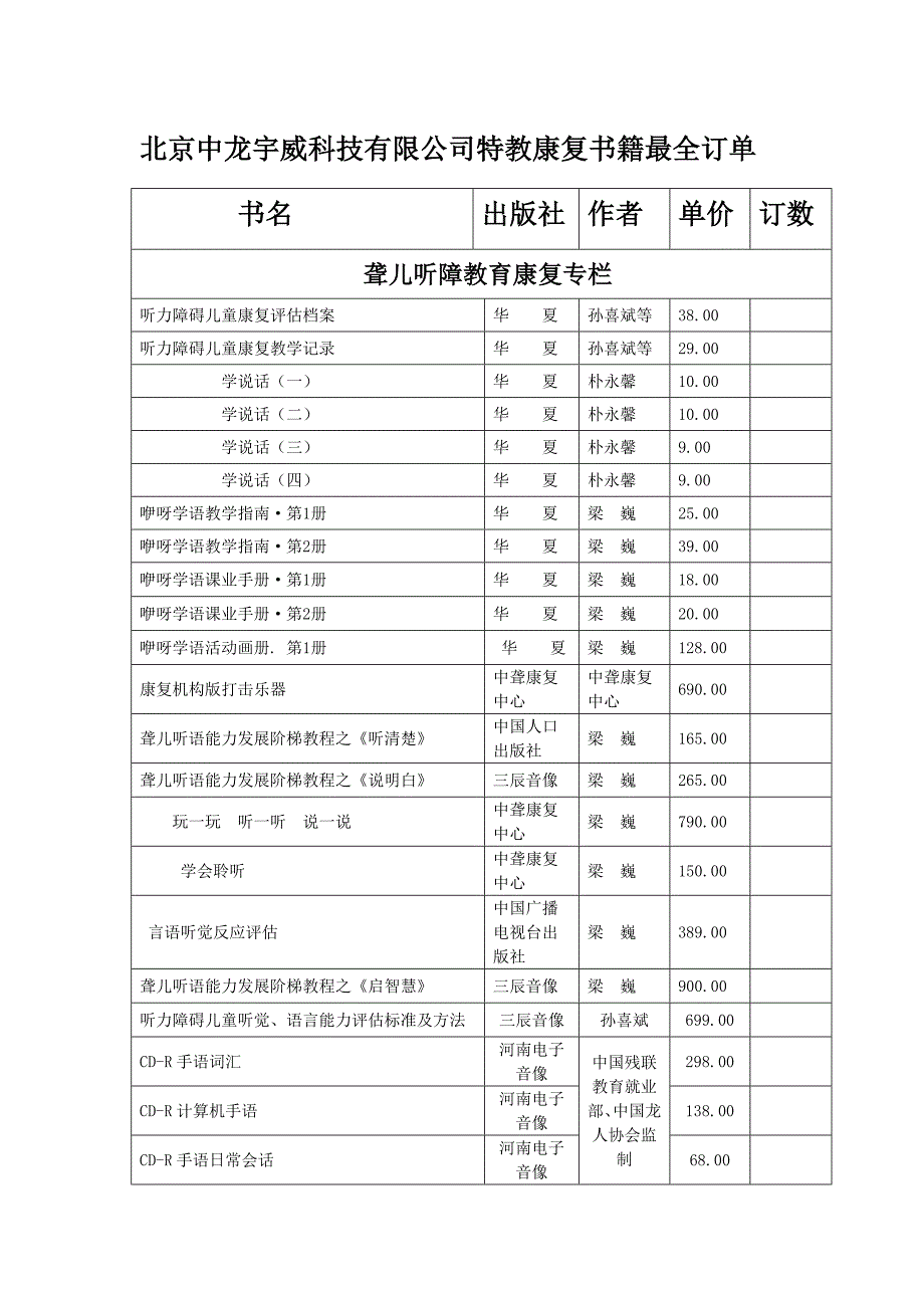 北京中龙宇威科技有限公司特教康复书籍最全订单_第1页