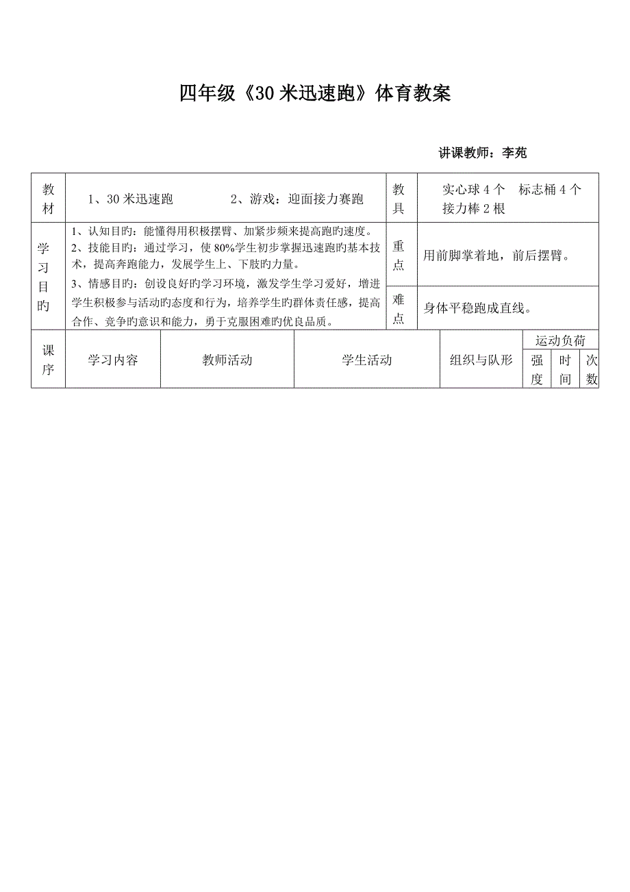 小学四年级体育米快速跑教案_第1页