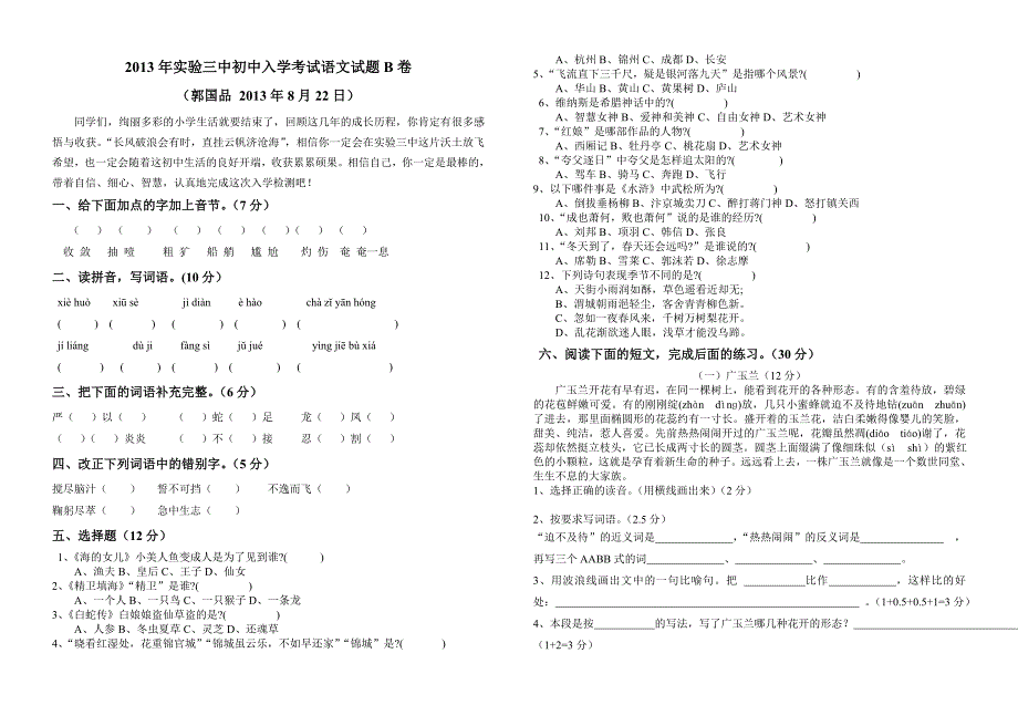 2013年实验三中初中入学考试语文试题B卷_第1页