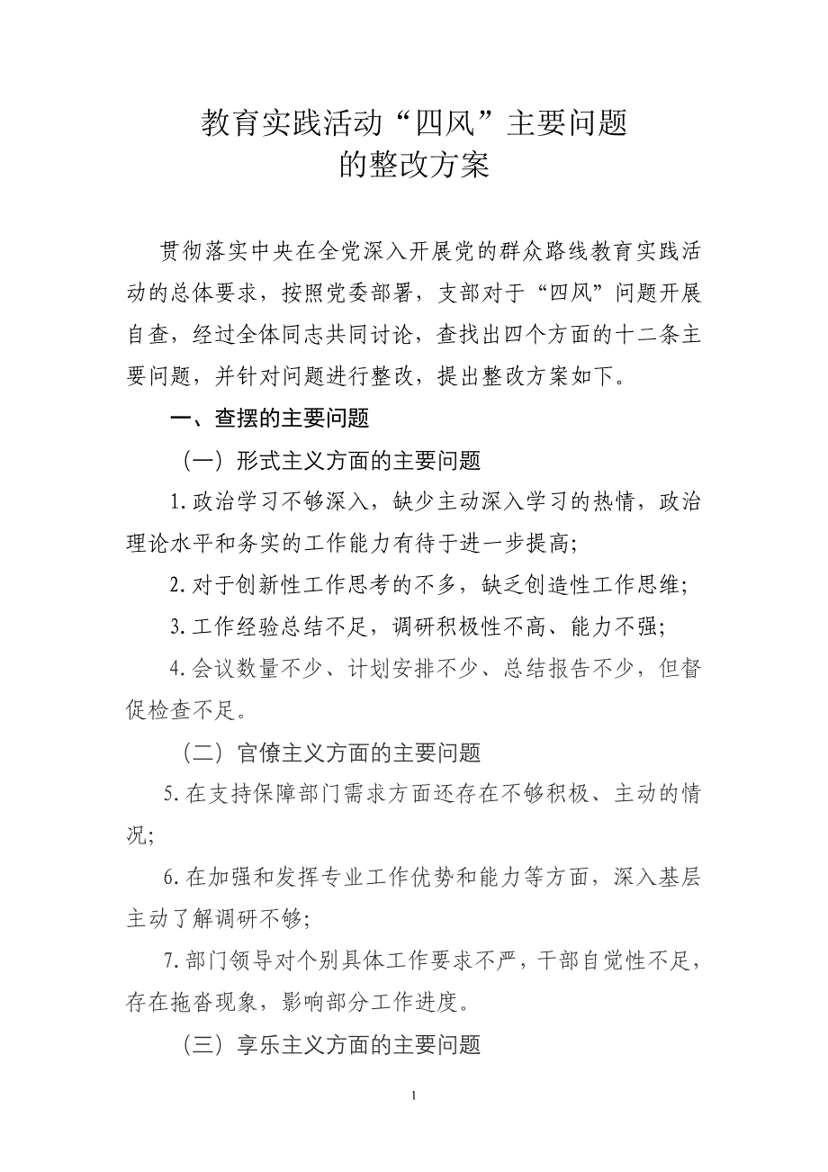 群众路线教育实践活动四风问题整改方案.doc_第1页