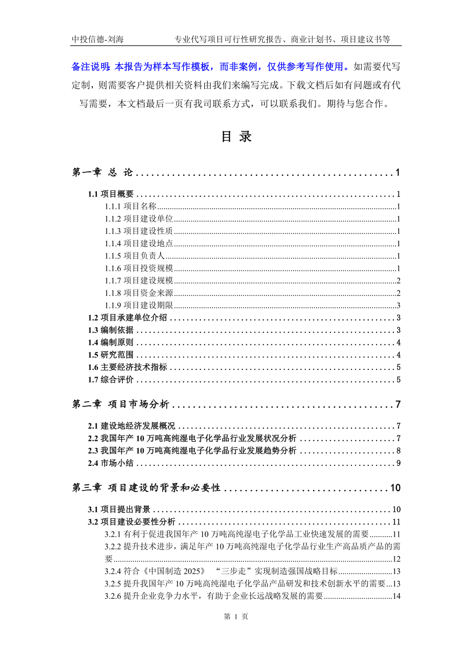 年产10万吨高纯湿电子化学品项目可行性研究报告写作模板立项备案文件_第2页