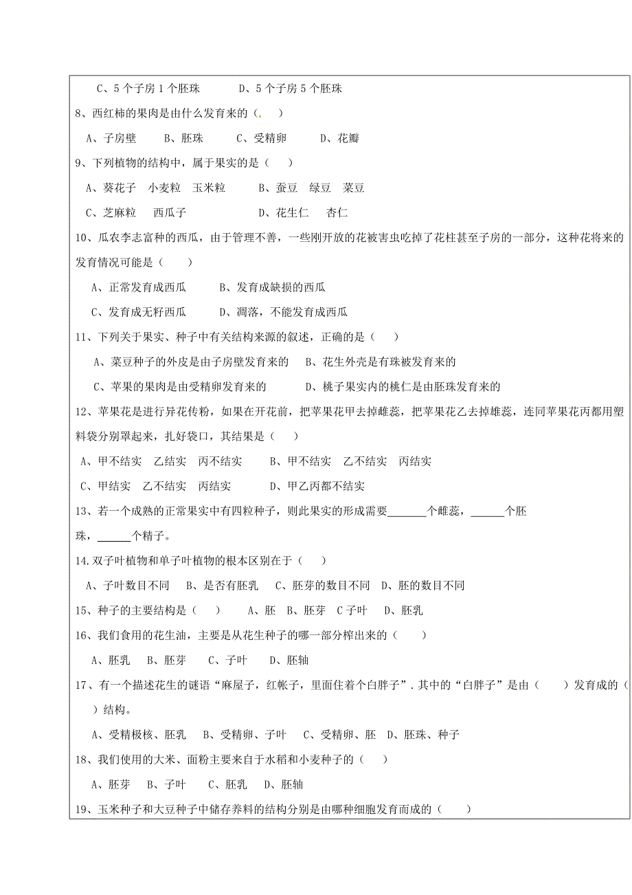 山东省广饶县八年级生物上册4.1.3果实和种子的形成学案无答案新版济南版_第4页