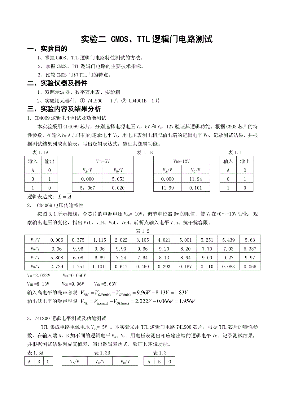 CMOS、TTL逻辑门电路测试实验报告(有数据)_第1页
