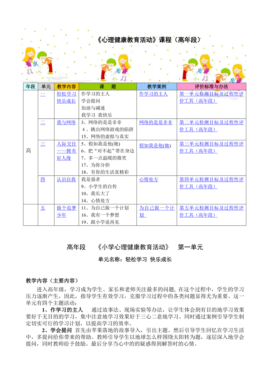 小学高年段心理健康教育内容及教案_第1页