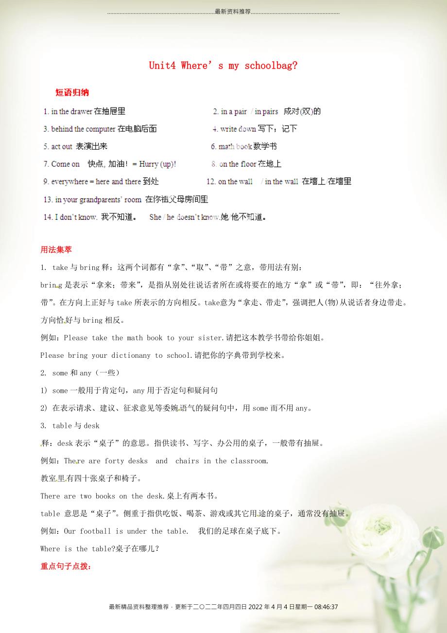 七年级英语上册 Unit 4 Where’s my schoolbag？基础知识必背手册 （新版）人教新目标版_第1页