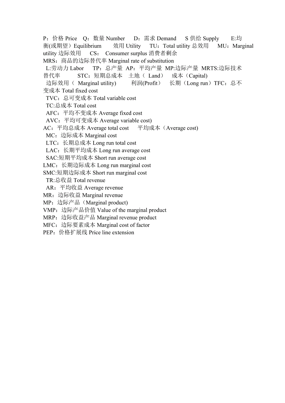 微观经济学中各个字母缩写对应的中英文意思_第1页