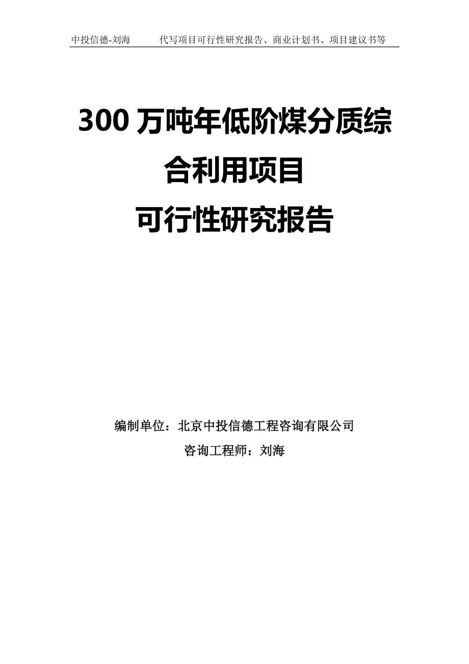 300万吨年低阶煤分质综合利用项目可行性研究报告模板_第1页