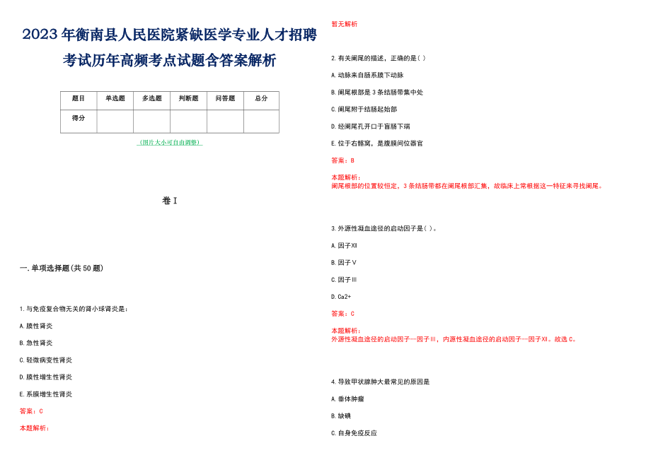 2023年衡南县人民医院紧缺医学专业人才招聘考试历年高频考点试题含答案解析_第1页