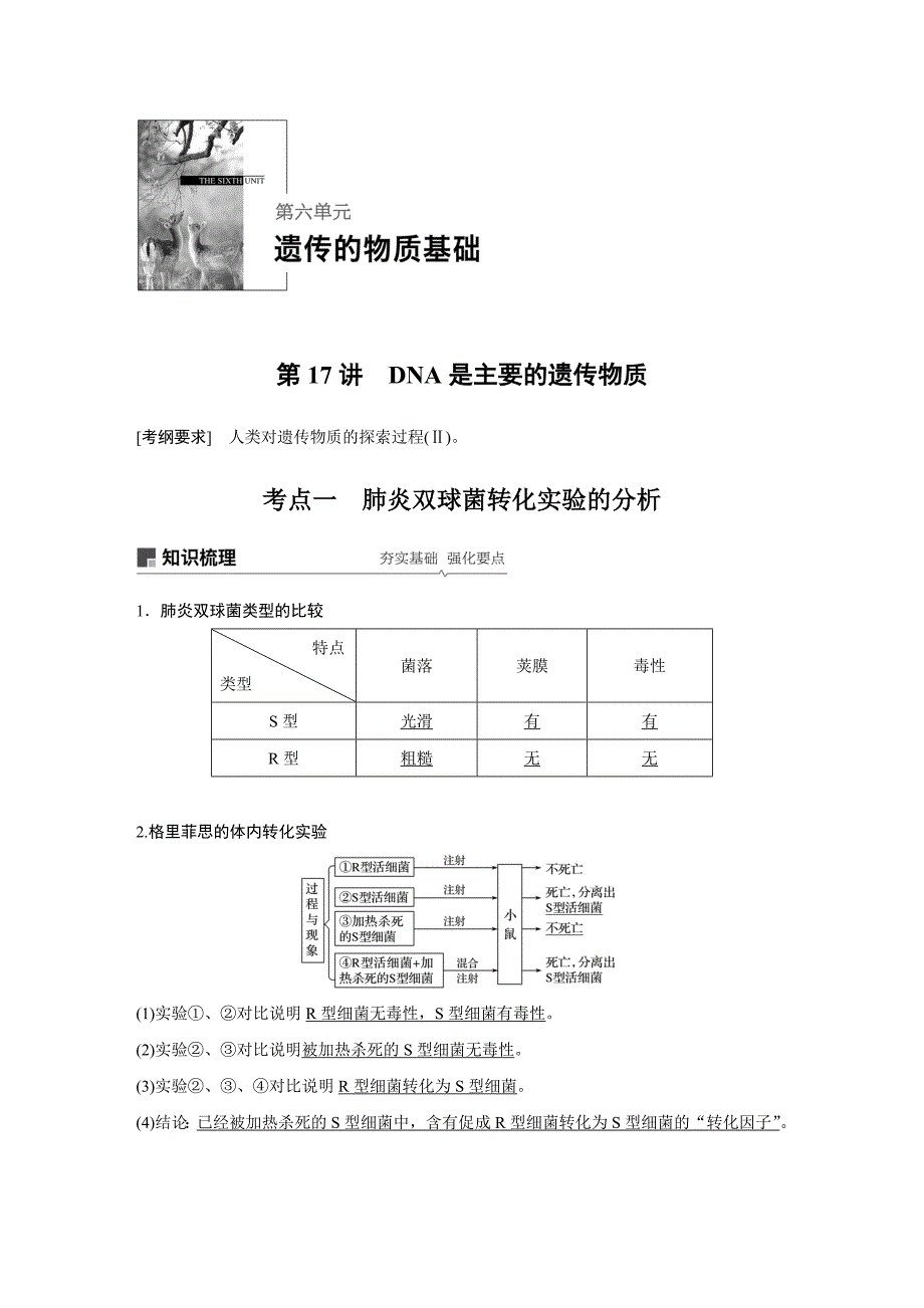 2020届高考生物一轮复习讲义 第6单元 第17讲DNA是主要的遗传物质.docx_第1页