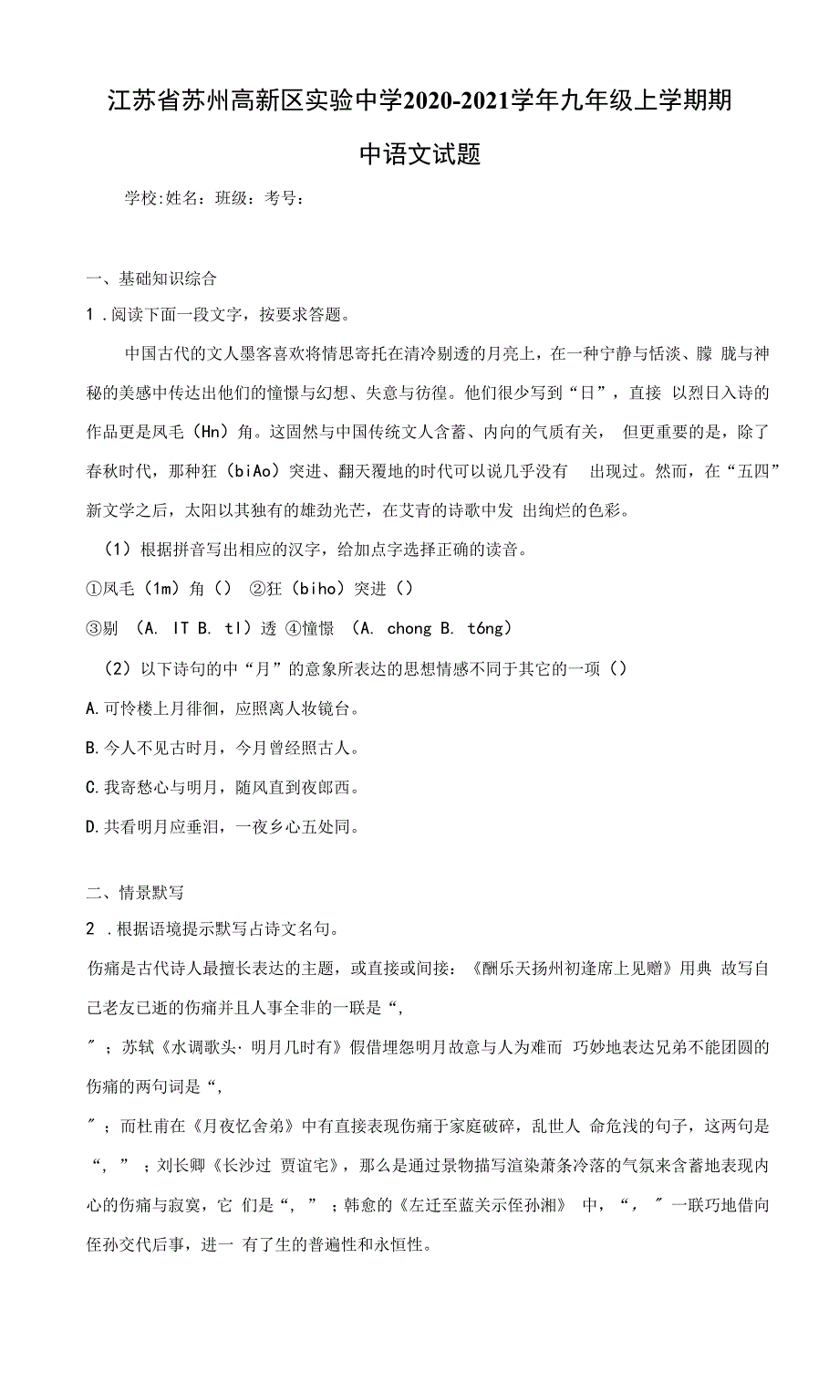 江苏省苏州高新区实验中学2020-2021学年九年级上学期期中语文试题(含答案解析).docx_第1页