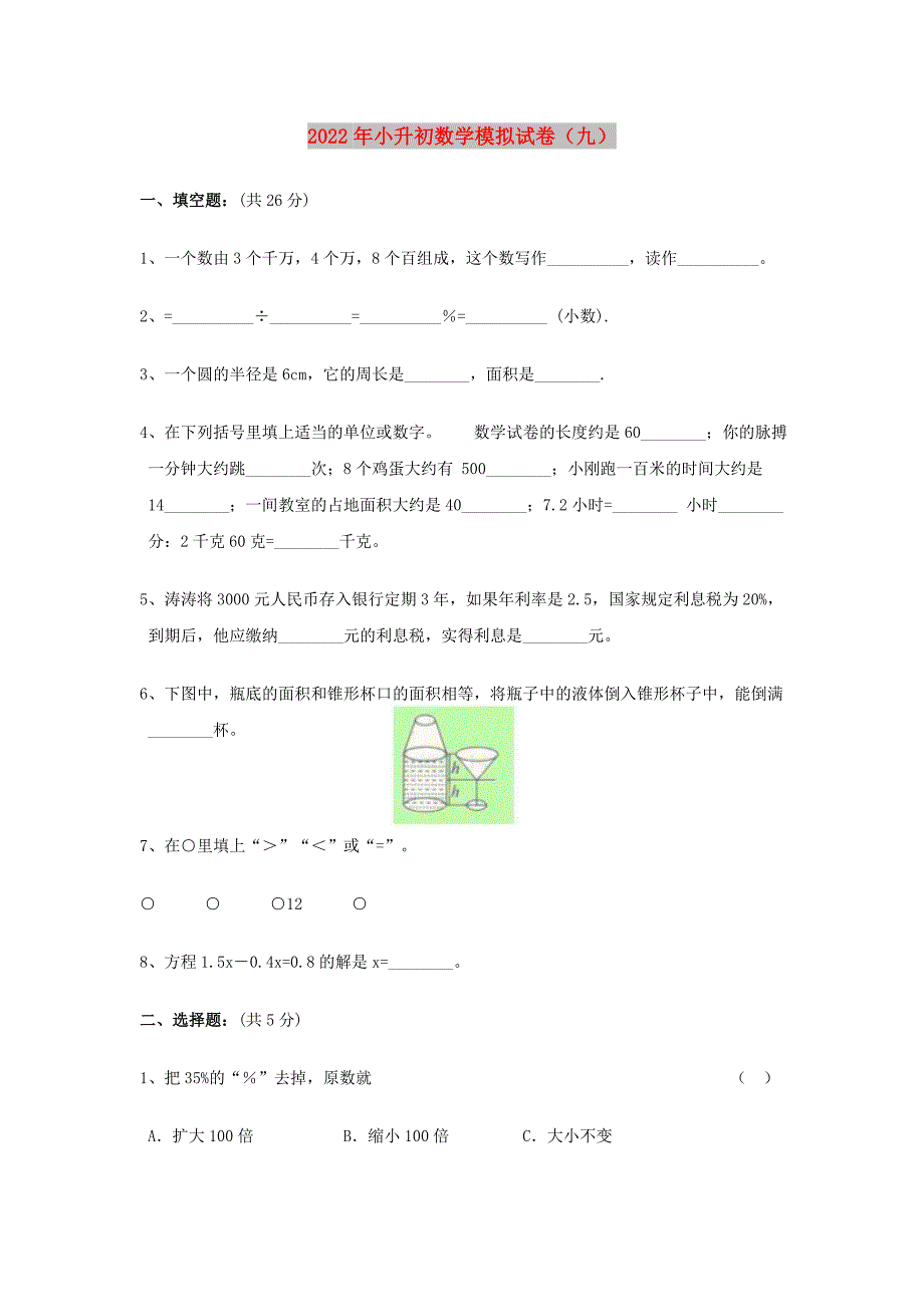 2022年小升初数学模拟试卷（九）_第1页