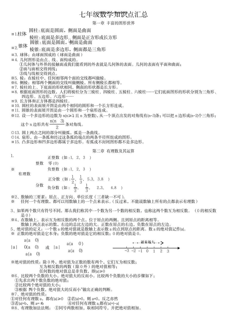 2023年北师大版七年级上册数学知识点总结归纳超详细知识汇总全面汇总归纳_第1页