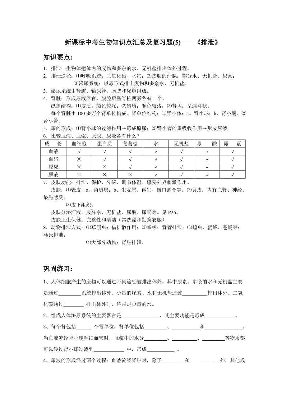 新课标中考生物知识点汇总及复习题——《排泄》_第1页