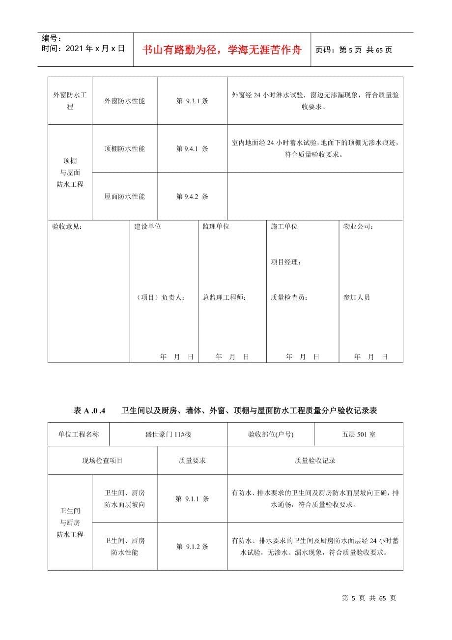 墙体、外窗、顶棚与屋面防水工程质量分户验收记录表_第5页