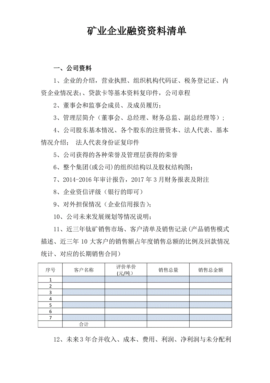 矿业企业融资所需资料清单_第1页