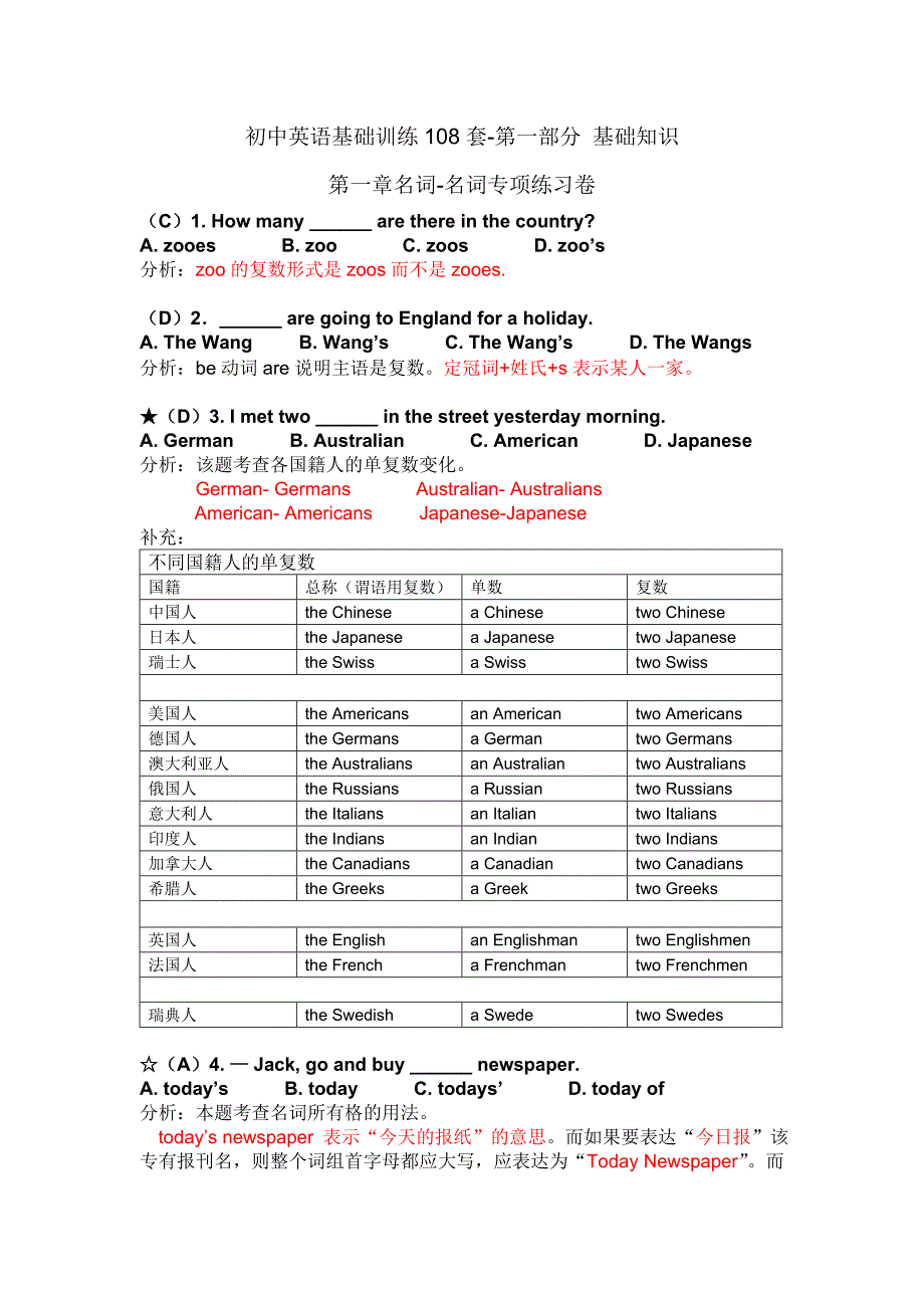 《初中英语基础训练108套》名词易错题解析_第1页