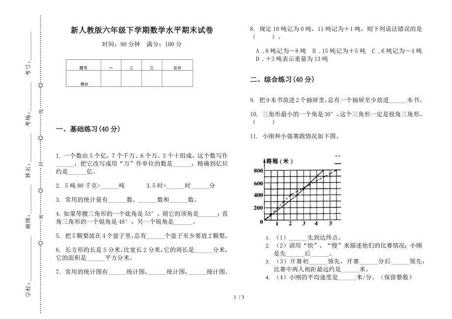 新人教版六年级下学期数学水平期末试卷.docx_第1页