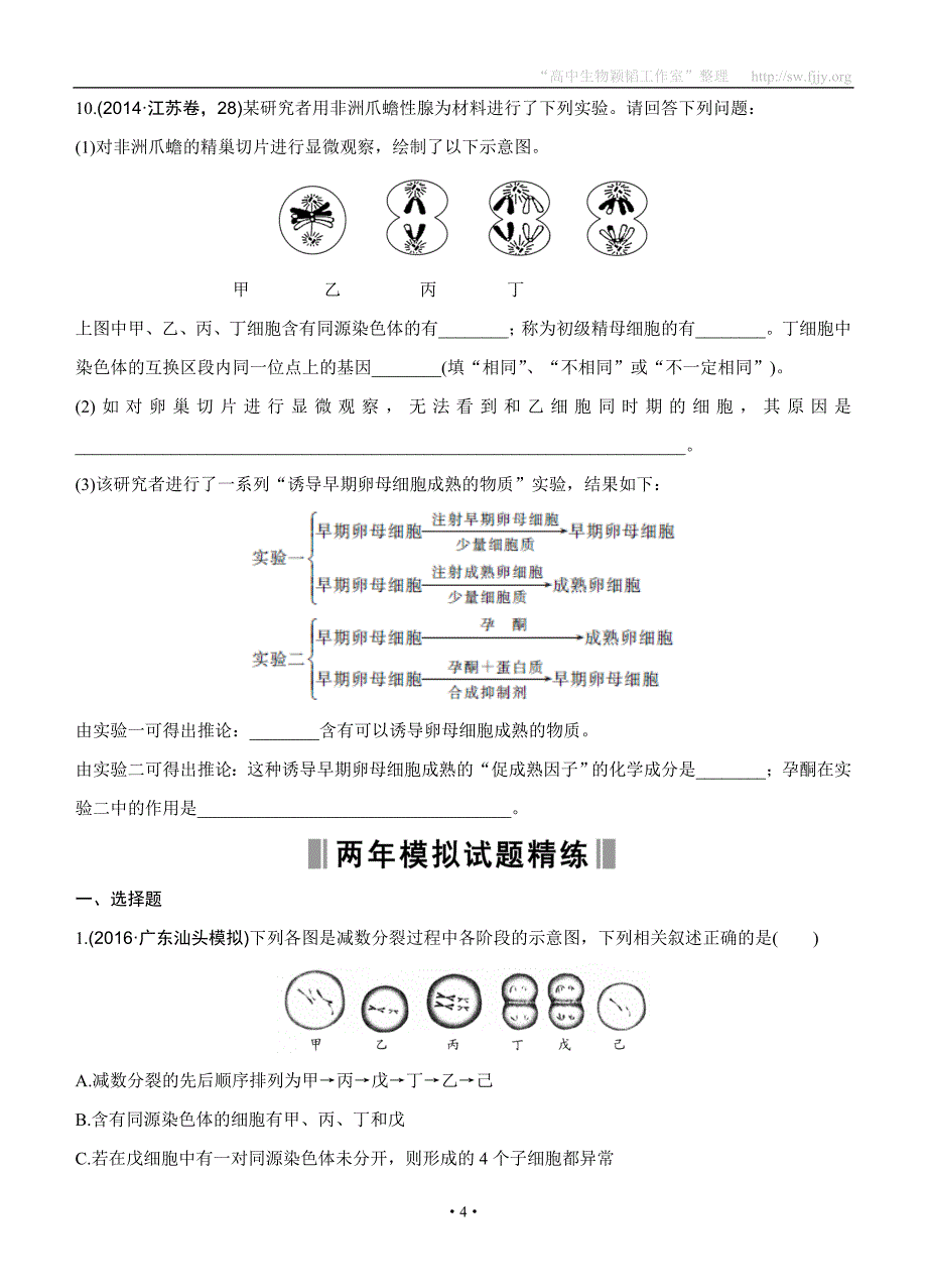 2017版《188套重组优化卷》高考生物一轮训练：课时考点12细胞分裂和受精作用.doc_第4页