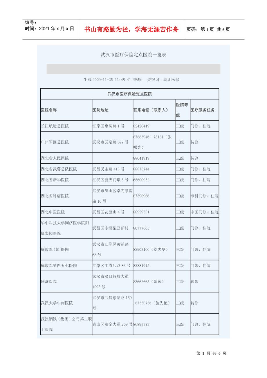 武汉市医疗保险定点医院一览表_第1页