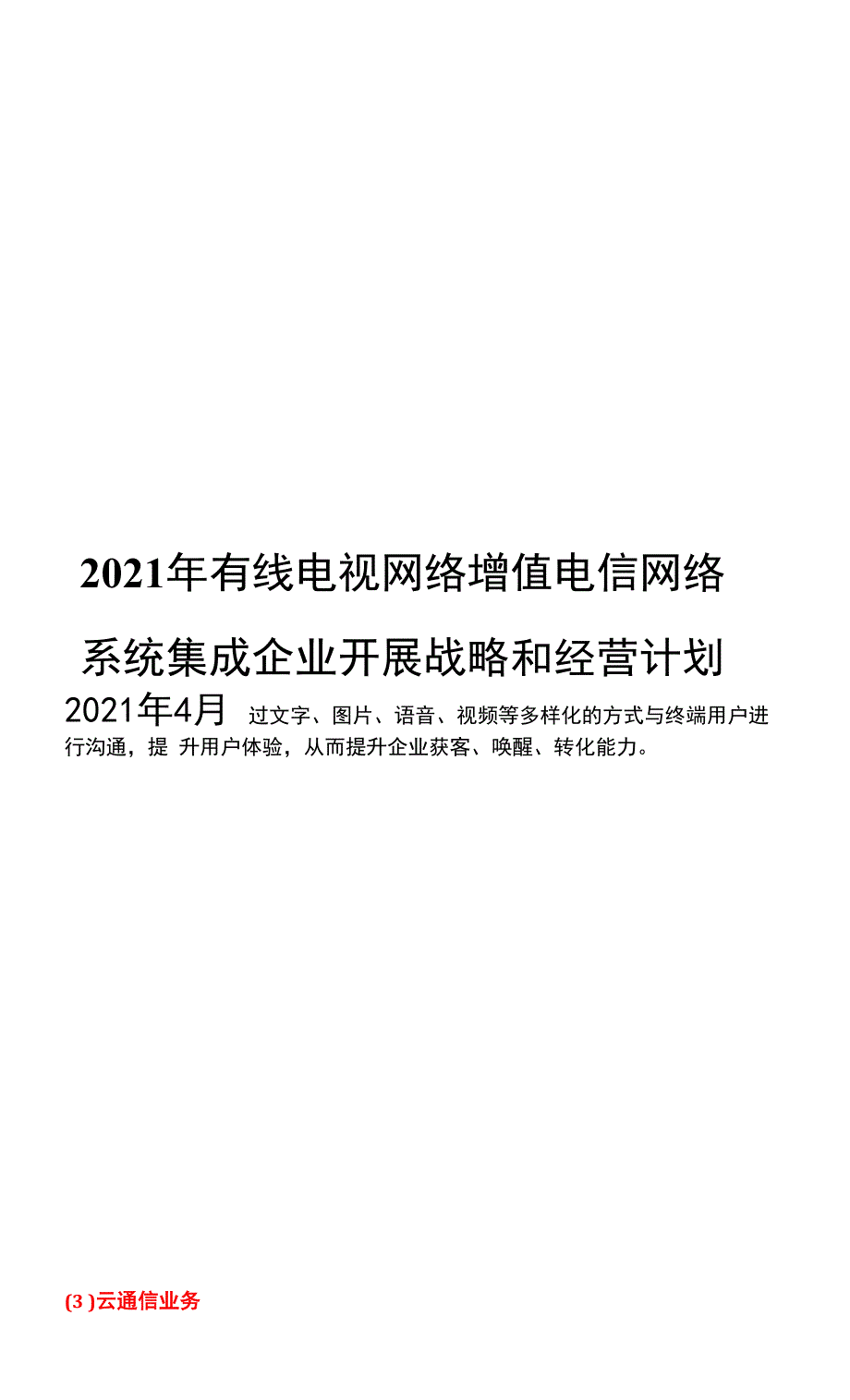 2021年有线电视网络增值电信网络系统集成企业发展战略和经营计划.docx_第1页