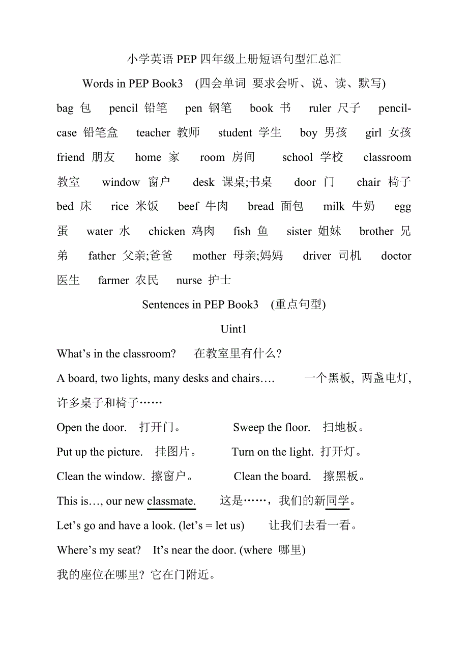 人教版小学四年级英语句型复习_第1页