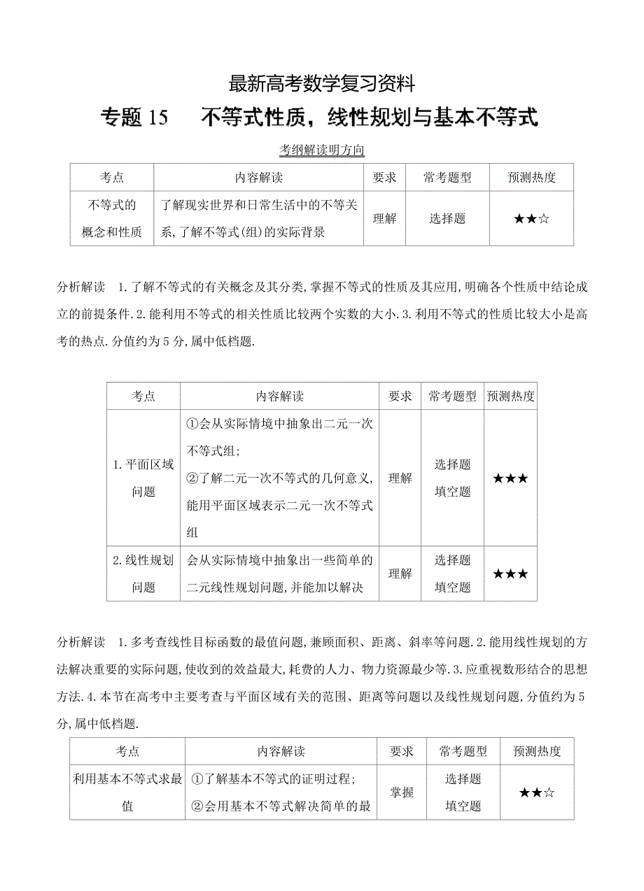 【最新资料】三年高考数学文真题分类解析：专题15线性规划与基本不等式_第1页